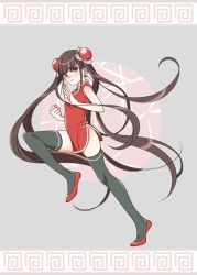 Rule 34 | 1girl, absurdly long hair, bare arms, bare shoulders, black thighhighs, blush, breasts, brown hair, bun cover, character name, china dress, chinese clothes, closed mouth, commentary request, danganronpa (series), danganronpa v3: killing harmony, double bun, dress, fighting stance, from side, frown, full body, grey background, hair bun, hair ornament, hands up, harukawa maki, knee up, long hair, looking at viewer, red dress, red eyes, red footwear, shoes, small breasts, solo, standing, standing on one leg, thighhighs, twintails, very long hair, yoshi taka (y 04taka)