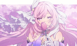 Rule 34 | 1girl, bare shoulders, breasts, character name, closed mouth, detached sleeves, elysia (herrscher of human:ego) (honkai impact), elysia (honkai impact), flower, gloves, hair between eyes, happy birthday, holding, holding flower, honkai (series), honkai impact 3rd, long hair, looking at viewer, pink eyes, pink hair, pink sky, sky, soha ez, solo, triquetra, tulip, white gloves, white veil