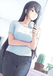 Rule 34 | 1girl, alternate costume, black hair, breasts, brown eyes, cactus, collarbone, commentary request, cowboy shot, cup, denim, dutch angle, highres, indoors, jeans, kantai collection, long hair, looking to the side, medium breasts, mug, nagato (kancolle), pants, plant, shirt, smile, solo, standing, t-shirt, vent arbre, window