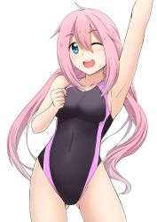 Rule 34 | 1girl, ;d, arm up, armpits, black one-piece swimsuit, blue hair, commentary request, contrapposto, cowboy shot, fuuma nagi, gluteal fold, grey background, hair between eyes, kagamihara nadeshiko, long hair, one-piece swimsuit, one eye closed, open mouth, pink hair, simple background, smile, solo, standing, swimsuit, yurucamp