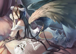 Rule 34 | 1girl, ainz ooal gown, albedo (overlord), azomo, bed, black hair, black wings, closed mouth, clothing cutout, commentary request, dakimakura (object), demon girl, demon tail, dress, elbow gloves, feathered wings, from side, gloves, hair between eyes, head rest, horns, long hair, looking at viewer, looking to the side, low wings, on bed, overlord (maruyama), pillow, side cutout, slit pupils, smile, solo, tail, very long hair, white dress, wings, yellow eyes
