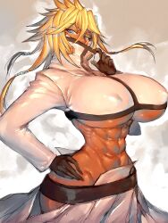 Rule 34 | 1girl, abs, arrancar, bleach, blonde hair, blue eyes, breasts, cleavage, covered mouth, cropped jacket, dark-skinned female, dark skin, fumio (rsqkr), highres, hip vent, huge breasts, jacket, mask, mouth mask, navel, solo, tier harribel, toned, underboob, white jacket