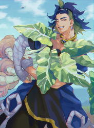 Rule 34 | 1boy, adaman (pokemon), arm wrap, blue coat, blue hair, brown eyes, coat, collar, commentary request, creatures (company), earrings, eyebrow cut, game freak, gen 4 pokemon, green hair, grin, half-closed eyes, hand wraps, highres, holding, jewelry, legs apart, looking at viewer, male focus, multicolored hair, nintendo, opnune, pokemon, pokemon (creature), pokemon legends: arceus, ponytail, short sleeves, smile, teeth, togekiss