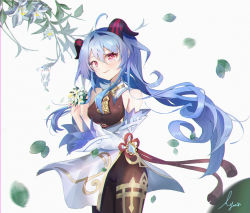 Rule 34 | 1girl, ahoge, ayan (1593817922), bell, black bodysuit, blue hair, bodysuit, commentary request, cowbell, detached sleeves, flower, ganyu (genshin impact), genshin impact, hair between eyes, highres, holding, holding flower, horns, long hair, long sleeves, looking at viewer, neck bell, purple eyes, sidelocks, signature, smile, solo, vision (genshin impact), wind