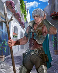 Rule 34 | 1boy, blue cape, blue sky, bracer, brown eyes, cape, cloud, day, facial hair, ggozira, hand up, highres, male focus, official art, outdoors, pants, parted lips, plant, polearm, potted plant, pouch, scar, scar on face, silver hair, sky, spear, standing, stubble, tenkuu no crystalia, weapon