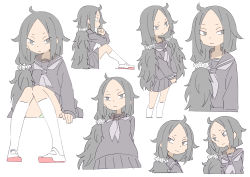 Rule 34 | 1girl, absurdres, black hair, character sheet, female focus, highres, long hair, low twintails, masikakuma, messy hair, original, pale color, sailor collar, school uniform, simple background, sitting, skirt, solo, twintails, white background