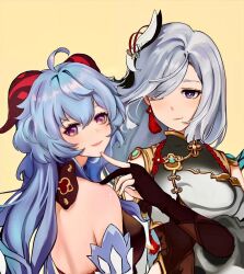 Rule 34 | 2girls, ahoge, backless outfit, bare back, bare shoulders, black gloves, blue hair, breasts, chinese commentary, commentary request, ganyu (genshin impact), genshin impact, gloves, grey hair, hair ornament, highres, horns, large breasts, long hair, looking at viewer, multiple girls, pink lips, purple eyes, shenhe (genshin impact), shinohara mia, shirt, simple background, smile, upper body, white shirt, yellow background