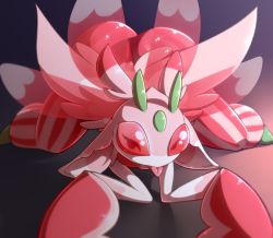 Rule 34 | 1girl, absurdres, all fours, antennae, arthropod girl, ass, creatures (company), eto ya, furry, furry female, game freak, gen 7 pokemon, half-closed eyes, highres, looking at viewer, lurantis, nintendo, pink eyes, pokemon, pokemon (creature), pokemon sm, shiny skin, simple background, solo, spread legs, tongue, tongue out, wings