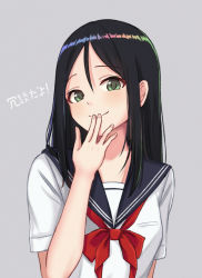 Rule 34 | 1girl, arms at sides, black hair, blush, closed mouth, finger to mouth, grey background, hair between eyes, half-closed eyes, hand up, itachi kanade, long hair, looking at viewer, original, school uniform, serafuku, short sleeves, simple background, smile, smug, solo, upper body