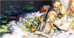 Rule 34 | 2boys, bad id, bad pixiv id, blonde hair, book, dated, dual persona, closed eyes, fancybetty, flower, formal, hand on another&#039;s shoulder, hunter x hunter, kurapika, lap pillow, lily pad, lying, male focus, multiple boys, necktie, on back, partially submerged, pocket watch, sitting, sunflower, watch, water