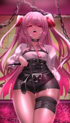 Rule 34 | 1girl, :d, absurdres, belt, black gloves, gloves, goddess of victory: nikke, highres, holding, holding whip, long hair, looking at viewer, necktie, open mouth, pink hair, purple eyes, shorts, single glove, smile, solo, teeth, thigh strap, user eehe7252, whip, yuni (nikke)