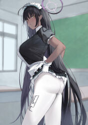 Rule 34 | 1girl, apron, ass, black dress, black hair, blue archive, blurry, blurry background, blush, breasts, cowboy shot, dark-skinned female, dark skin, dress, frilled apron, frilled dress, frills, gloves, halo, highres, indoors, karin (blue archive), large breasts, long hair, maid, maid apron, maid headdress, open mouth, pantyhose, puffy short sleeves, puffy sleeves, purple halo, ref (pmxt4483), short sleeves, solo, white apron, white gloves, white pantyhose, yellow eyes