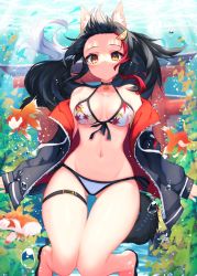 Rule 34 | 1girl, absurdres, air bubble, animal ears, bare legs, bare shoulders, bikini, bikini under clothes, black hair, black jacket, breasts, bubble, buckle, cleavage, collar, collarbone, commentary request, drawstring, fish, forehead, hair ornament, hairclip, halterneck, highres, hololive, inre kemomimi, jacket, leaf print, light rays, long hair, long sleeves, looking at viewer, medium breasts, multicolored hair, navel, no pants, off shoulder, ookami mio, ookami mio (hololive summer 2019), open clothes, open jacket, orange eyes, outdoors, parted lips, ponytail, print bikini, red hair, side-tie bikini bottom, solo, stomach, streaked hair, string bikini, sunbeam, sunlight, swimsuit, tail, thigh gap, thigh strap, torii, two-tone hair, underwater, virtual youtuber, white bikini, wide hips, wolf ears, wolf girl, wolf tail