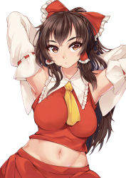 Rule 34 | 1girl, armpits, arms behind head, ascot, bad id, bad pixiv id, bare shoulders, bow, breasts, brown eyes, brown hair, closed mouth, detached sleeves, expressionless, frilled hair tubes, frilled shirt collar, frills, hair bow, hair tubes, hakurei reimu, highres, krjenl, long hair, looking at viewer, medium breasts, midriff, navel, no bra, red bow, red skirt, red vest, ribbon-trimmed sleeves, ribbon trim, sidelocks, simple background, skirt, solo, touhou, upper body, vest, white background, wide sleeves, yellow ascot