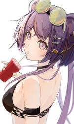 Rule 34 | 1girl, absurdres, animal ears, arknights, bare shoulders, bikini, black bikini, black choker, breasts, choker, commentary request, cup, disposable cup, drinking straw, eyewear on head, from side, hair ornament, hairclip, hand up, highres, holding, holding cup, lin (arknights), long hair, looking at viewer, looking to the side, medium breasts, pink eyes, purple hair, renkon logistics, simple background, solo, star (symbol), star hair ornament, sunglasses, swept bangs, swimsuit, tinted eyewear, upper body, white background, yellow-tinted eyewear