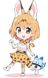 Rule 34 | 1girl, animal ears, bad id, bad pixiv id, blush, bow, bowtie, chibi, elbow gloves, fang, gloves, highres, kemono friends, looking at viewer, lucky beast (kemono friends), orange bow, orange eyes, orange hair, orange neckwear, orange skirt, over-kneehighs, serval (kemono friends), serval print, serval tail, short hair, skirt, smile, tail, takom, thighhighs, traditional bowtie