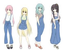 Rule 34 | 4girls, alternate costume, aqua eyes, aqua hair, arihara nanami, black hair, blonde hair, blue overalls, blush, braid, brown shirt, casual, closed mouth, commentary request, double-parted bangs, flower, full body, grabbing own arm, hair between eyes, hair down, hair flower, hair ornament, hairband, hands in pockets, highres, hirocchi, legs, long hair, long sleeves, looking at viewer, mitsukasa ayase, multiple girls, nijouin hazuki, overall shorts, overall skirt, overalls, pink hair, pink hairband, ponytail, purple eyes, red eyes, ribbon, riddle joker, sandals, shikibe mayu, shirt, short sleeves, side braid, simple background, sketch, smile, standing, straight hair, sweater, unfinished, very long hair, wavy hair, white background, white ribbon, white sweater, yellow flower, yellow ribbon