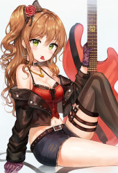 Rule 34 | 1girl, absurdres, arm support, bang dream!, bare shoulders, belt, blush, bomber jacket, breasts, brown hair, brown jacket, brown thighhighs, buckle, cleavage, collarbone, denim, denim shorts, earrings, electric guitar, fishnet gloves, fishnets, flower, gloves, green eyes, guitar, hair flower, hair ornament, hair ribbon, heart, heart necklace, highres, holding, holding instrument, hoop earrings, imai lisa, instrument, jacket, jewelry, knee up, leather choker, long hair, medium breasts, midriff, mouth hold, navel, necklace, off shoulder, one side up, open clothes, open jacket, plectrum, purple gloves, ribbon, short shorts, shorts, sidelocks, simple background, single thighhigh, sitting, solo, striped clothes, striped thighhighs, thigh strap, thighhighs, thighs, tokkyu, unzipped, wavy hair, white background