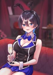 Rule 34 | absurdres, animal ears, bare shoulders, black vest, blue bow, blue bowtie, blue eyes, blue hair, blue sky, blurry, blurry background, blush, bow, bowtie, breasts, bunny garden, cleavage, couch, cup, detached collar, drinking glass, fake animal ears, g9 (jiiku), hair between eyes, highres, holding, holding cup, large breasts, leotard, miniskirt, miuka (bunny garden), multicolored hair, on couch, parted lips, playboy bunny, pleated skirt, rabbit ears, short hair, sitting, skirt, sky, two-tone hair, vest, wine glass, wrist cuffs