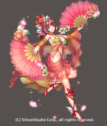 Rule 34 | 1girl, bare shoulders, blue eyes, bow, breasts, cleavage, company name, dancer, hand fan, feathers, flower, full body, grey background, gyakushuu no fantasica, hair flower, hair ornament, high heels, jewelry, necklace, official art, petals, pink hair, revealing clothes, ryuki@maguro-ex, sarong, simple background, solo