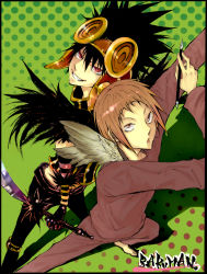 Rule 34 | 2boys, back-to-back, bakuman, barefoot, black gloves, black hair, brown eyes, brown hair, brown headwear, copyright name, crow (bakuman), dhaniya, feather-trimmed gloves, feather trim, feathers, fingernails, gloves, hair between eyes, headgear, highres, holding, holding pen, holding sword, holding weapon, male focus, multiple boys, niizuma eiji, parted lips, patterned, patterned background, pen, red eyes, smile, spiked hair, standing, striped, sword, teeth, weapon