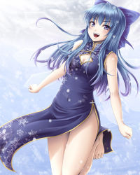 Rule 34 | 1girl, alternate costume, alternate hair length, alternate hairstyle, bad id, bad pixiv id, barefoot, blue eyes, blue hair, bow, china dress, chinese clothes, cirno, cleavage cutout, clothing cutout, dress, hair bow, long hair, matching hair/eyes, mochi.f, no panties, aged up, open mouth, side slit, smile, solo, touhou, wings