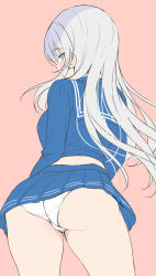 Rule 34 | 1girl, ass, blue eyes, blue sailor collar, blue shirt, blue skirt, blush, commentary, emily (pure dream), from behind, highres, long hair, long sleeves, looking at viewer, looking back, original, panties, pink background, pleated skirt, sailor collar, school uniform, serafuku, shirt, sidelocks, simple background, sketch, skirt, solo, standing, symbol-only commentary, thighs, trefoil, underwear, white hair, white panties