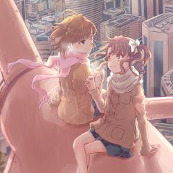 Rule 34 | 2girls, astuffds, beige coat, beige jacket, bow, brown eyes, brown hair, city, cityscape, coat, commentary, duffel coat, feet out of frame, fist bump, from above, hair bow, hair ornament, highres, landscape, looking at another, misaka mikoto, multiple girls, outdoors, pink scarf, plaid, plaid skirt, pleated skirt, scarf, scenery, school uniform, shirai kuroko, sitting, skirt, toaru kagaku no railgun, toaru majutsu no index, toaru majutsu no index: genesis testament, tokiwadai school uniform, toy block, twintails, white bow, white scarf, wind, wind turbine, windmill, winter clothes, winter coat, winter uniform