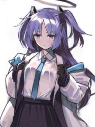 Rule 34 | 1girl, blue archive, blue necktie, collared shirt, etomai, formal, frown, gloves, halo, highres, jacket, long hair, miniskirt, multicolored clothes, multicolored jacket, necktie, off shoulder, open clothes, open jacket, parted bangs, pleated skirt, purple eyes, purple hair, shirt, sidelocks, simple background, skirt, solo, suit, two-tone jacket, two side up, upper body, white background, white jacket, white shirt, yuuka (blue archive)