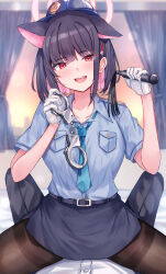 Rule 34 | 1girl, alternate costume, animal ears, blue archive, blue shirt, cuffs, handcuffs, highres, kazusa (blue archive), looking at viewer, medium hair, mi taro333, multicolored hair, open mouth, police, police uniform, policewoman, red eyes, shirt, short sleeves, skirt, smile, solo, two-tone hair, uniform