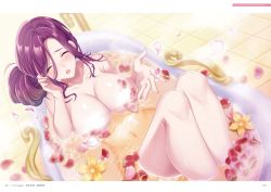 Rule 34 | 1girl, adjusting hair, bathroom, bathtub, blush, breasts, convenient censoring, closed eyes, female focus, floating, floor, flower on water, from above, hands up, highres, indoors, large breasts, legs, legs together, long hair, lying, mole, mole under eye, murasaki yurika, navel, nude, official art, omega labyrinth, omega labyrinth life, open mouth, original, page number, partially submerged, petals, purple hair, solo, steam, thighs, tile floor, tiles, u35, water, wet