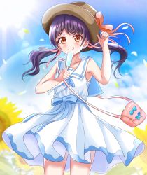 Rule 34 | 1girl, :q, bag, bang dream!, bare shoulders, blue ribbon, blue sky, blush, breasts, brown eyes, collarbone, commentary request, cowboy shot, crouching start, day, dress, field, flower, flower field, food, futaba tsukushi, hair ribbon, hand on headwear, hand up, hat, hat ribbon, highres, holding, holding food, lens flare, light rays, long hair, looking at viewer, outdoors, pink ribbon, popsicle, purple hair, ribbon, sailor collar, sailor dress, shoulder bag, sidelocks, sky, small breasts, smile, solo, standing, summer, sun hat, sunbeam, sunflower, sunflower field, sunflower petals, sunlight, tongue, tongue out, twintails, white dress, white sailor collar