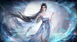 Rule 34 | 1girl, absurdres, arm up, bare legs, breasts, closed mouth, dress, earrings, expressionless, facial mark, floating, floating object, floating sword, floating weapon, forehead mark, highres, holding, holding sword, holding weapon, jewelry, looking at viewer, lu xueqi (zhu xian), medium breasts, reverse grip, second-party source, solo, sword, tiara, upper body, water, weapon, white dress, xianxian jintian huahua liao mei, zhu xian