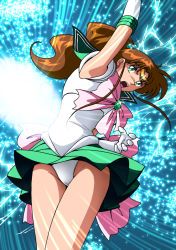 Rule 34 | 1girl, arm up, bishoujo senshi sailor moon, blouse, brown hair, circlet, clothes lift, collared shirt, earrings, elbow gloves, floating hair, gloves, green eyes, green sailor collar, green skirt, hair bobbles, hair ornament, jewelry, kaze no ryuuryuu, kino makoto, long hair, miniskirt, open mouth, panties, pink neckwear, pleated skirt, sailor collar, sailor collar lift, sailor jupiter, sailor senshi, sailor senshi uniform, sailor shirt, shirt, skirt, skirt lift, solo, sparkle, standing, underwear, very long hair, white gloves, white panties, white shirt