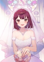 1girl :d absurdres atelier_(series) atelier_sophie bare_shoulders bouquet breasts bridal_veil bride brown_eyes cleavage commentary cowboy_shot detached_sleeves dress english_commentary flower highres holding holding_bouquet indoors jewelry looking_at_viewer medium_breasts necklace noco_(adamas) official_alternate_costume official_art open_mouth ring rose second-party_source short_hair smile solo sophie_neuenmuller stained_glass strapless strapless_dress veil wedding_dress wedding_ring white_dress