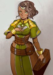 Rule 34 | 1girl, asymmetrical hair, belt, blush, bracelet, briefcase, brown belt, brown hair, circlet, coat, commentary, dark-skinned female, dark skin, gradient background, green eyes, hand on own chest, highres, holding, holding briefcase, jewelry, long sleeves, looking at viewer, magic: the gathering, mtgirst, multiple belts, overcoat, pouch, solo, vivien reid