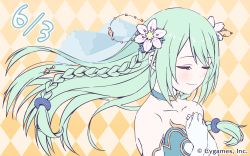 Rule 34 | 1girl, argyle, argyle background, argyle clothes, bare shoulders, braid, chika (princess connect!), choker, closed eyes, collar, collarbone, copyright notice, dated, flower, green choker, green hair, hair flower, hair ornament, hands on own chest, highres, long hair, official art, own hands together, princess connect!, side braids, smile, solo, strapless, upper body, veil, watermark, yellow background
