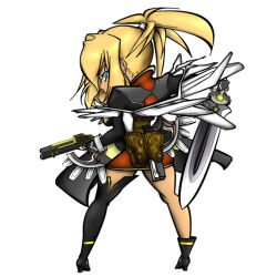 Rule 34 | 00s, 1girl, blonde hair, blue eyes, boots, breasts, coat, gun, legretta, long hair, ponytail, shoes, skirt, sword, tales of (series), tales of the abyss, thigh boots, thighhighs, weapon