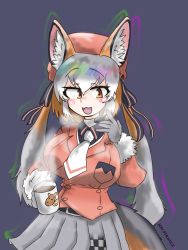 Rule 34 | 1girl, absurdres, animal costume, animal ears, coyopotato, fox ears, fox girl, fox tail, gloves, hat, highres, island fox (kemono friends), jacket, jonstrange0613, kemono friends, kemono friends v project, long hair, looking at viewer, multicolored hair, necktie, open mouth, ribbon, shirt, simple background, skirt, smile, solo, tail, twintails, virtual youtuber