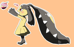 Rule 34 | 1girl, arms up, black hair, blush, cherry, chizi, creatures (company), cupcake, extra mouth, fang, female focus, food, food focus, from side, fruit, full body, game freak, gen 3 pokemon, happy, heart, highres, mawile, nintendo, no humans, open mouth, orange background, outline, pokemon, pokemon (creature), profile, red eyes, sharp teeth, simple background, smile, solo, standing, teeth, white outline