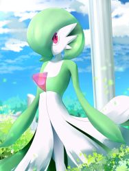 Rule 34 | 1girl, :3, blue sky, bob cut, bush, closed mouth, cloud, colored skin, creatures (company), day, female focus, flat chest, game freak, gardevoir, gen 3 pokemon, green hair, green skin, hair between eyes, happy, highres, looking to the side, multicolored skin, nintendo, one eye covered, outdoors, pillar, pokemon, pokemon (creature), red eyes, sana!rpg, short hair, sideways mouth, sky, smile, solo, split mouth, standing, transparent, two-tone skin, walking, white skin