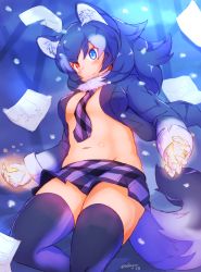 Rule 34 | 10s, 1girl, animal ears, between breasts, black thighhighs, blue eyes, blue hair, blue jacket, blush, breasts, closed mouth, eyebrows, eyelashes, facing away, fur collar, grey wolf (kemono friends), groin, heterochromia, highres, jacket, kemono friends, leg up, long hair, looking away, miniskirt, multicolored hair, navel, necktie, necktie between breasts, ooba jun, open clothes, open jacket, orange eyes, paper, plaid, plaid necktie, plaid neckwear, plaid skirt, purple necktie, skirt, sleeve cuffs, small breasts, smile, solo, stomach, tail, thighhighs, twitter username, two-tone hair, white hair, wolf ears, wolf tail, zettai ryouiki