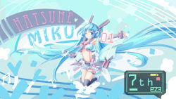 Rule 34 | 1girl, 273akatsuki, ;), absurdres, alternate costume, armpits, black thighhighs, blue eyes, blue hair, character name, hatsune miku, highres, long hair, matching hair/eyes, microphone, midriff, musical note, navel, one eye closed, outstretched arm, quaver, smile, solo, staff (music), suspenders, thighhighs, very long hair, vocaloid