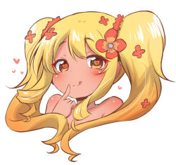 Rule 34 | 1girl, :q, blonde hair, blush, brown eyes, closed mouth, collarbone, commentary request, cropped torso, flower, hair flower, hair ornament, hand up, heart, heart-shaped pupils, long hair, muu rian, original, red flower, simple background, smile, solo, symbol-shaped pupils, tongue, tongue out, twintails, upper body, white background