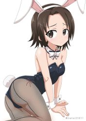 Rule 34 | 10s, 1girl, animal ears, arm support, ass, black leotard, black pantyhose, bow, bowtie, breasts, brown eyes, brown hair, cleavage, closed mouth, commentary, detached collar, fake animal ears, fake tail, fishnet pantyhose, fishnets, girls und panzer, leotard, light frown, looking at viewer, lying, on side, one-hour drawing challenge, pantyhose, parted bangs, playboy bunny, rabbit ears, rabbit tail, sawa azusa, shibagami, short hair, simple background, small breasts, solo, strapless, strapless leotard, tail, thighs, twitter username, white background, white bow, white bowtie, wrist cuffs