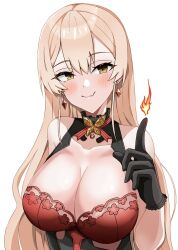 Rule 34 | 1girl, bare shoulders, black dress, black gloves, blonde hair, blush, bra, breasts, butterfly choker, cleavage, dress, earrings, fang, fire, gloves, hair between eyes, halter dress, halterneck, highres, jewelry, keikesu, large breasts, long hair, looking at viewer, magic, nijisanji, nui sociere, nui sociere (8th costume), official alternate costume, pyrokinesis, red bra, see-through, simple background, skin fang, smile, solo, underwear, very long hair, virtual youtuber, white background, witch, yellow eyes