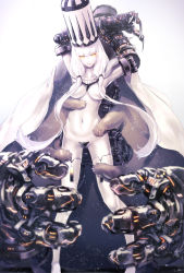 Rule 34 | 10s, 1girl, abyssal ship, breasts, capelet, claws, glowing, glowing eyes, hat, highres, kantai collection, long hair, looking at viewer, medium breasts, navel, nina (ninageya), northern water princess, parted lips, revision, sidelocks, smile, solo, thighhighs, white background, white hair, yellow eyes