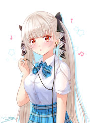 Rule 34 | 1girl, alternate costume, azur lane, blunt bangs, bow, bowtie, breasts, commentary request, earphones, formidable (azur lane), hair ribbon, holding, holding earphones, large breasts, long hair, looking at viewer, m ko (maxft2), musical note, parted lips, plaid, plaid skirt, pleated skirt, red eyes, ribbon, school uniform, sidelocks, silver hair, simple background, skirt, solo, twintails, white background