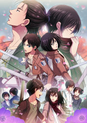 Rule 34 | 1boy, 1girl, back-to-back, black shirt, blazer, blue jacket, brown jacket, closed eyes, collared shirt, cropped jacket, dual wielding, eren yeager, facial scar, falling petals, fighting stance, flower, goth fashion, grey shirt, hair between eyes, hair bun, holding, holding another&#039;s wrist, holding weapon, jacket, kogatta em, long hair, long sleeves, looking at another, looking at viewer, medium hair, mikasa ackerman, military jacket, multiple views, official alternate costume, open mouth, parted bangs, parted lips, petals, pink jacket, purple flower, red scarf, scar, scar on cheek, scar on face, scarf, shingeki no kyojin, shirt, short hair, short twintails, smile, survey corps (emblem), three-dimensional maneuver gear, twintails, twitter username, upper body, weapon, white shirt, wide-eyed