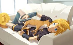 Rule 34 | 1boy, ^^^, animal, animal on chest, arm warmers, artist name, banana print, barefoot, black legwear, black shirt, black sleeves, blonde hair, blue eyes, casual, commentary, controller, couch, dog, expressionless, hand up, holding, holding remote control, kagamine len, leg warmers, looking at viewer, lying, male focus, nokuhashi, on back, pillow, remote control, shirt, solo, spiked hair, vocaloid, window